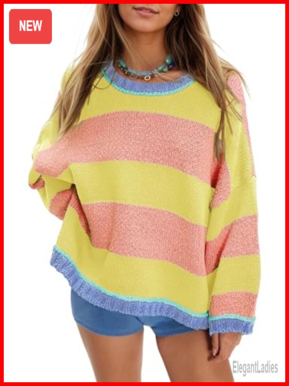 Womens Oversized Striped Chunky Knit Crewneck Pullover Sweater